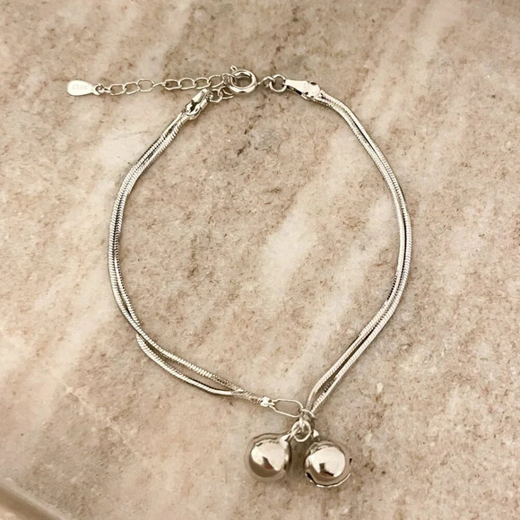 925 Sterling Silver Dangle Ball Bracelet Dainty Bracelet Two Layer Bracelet - Picture 1 of 4